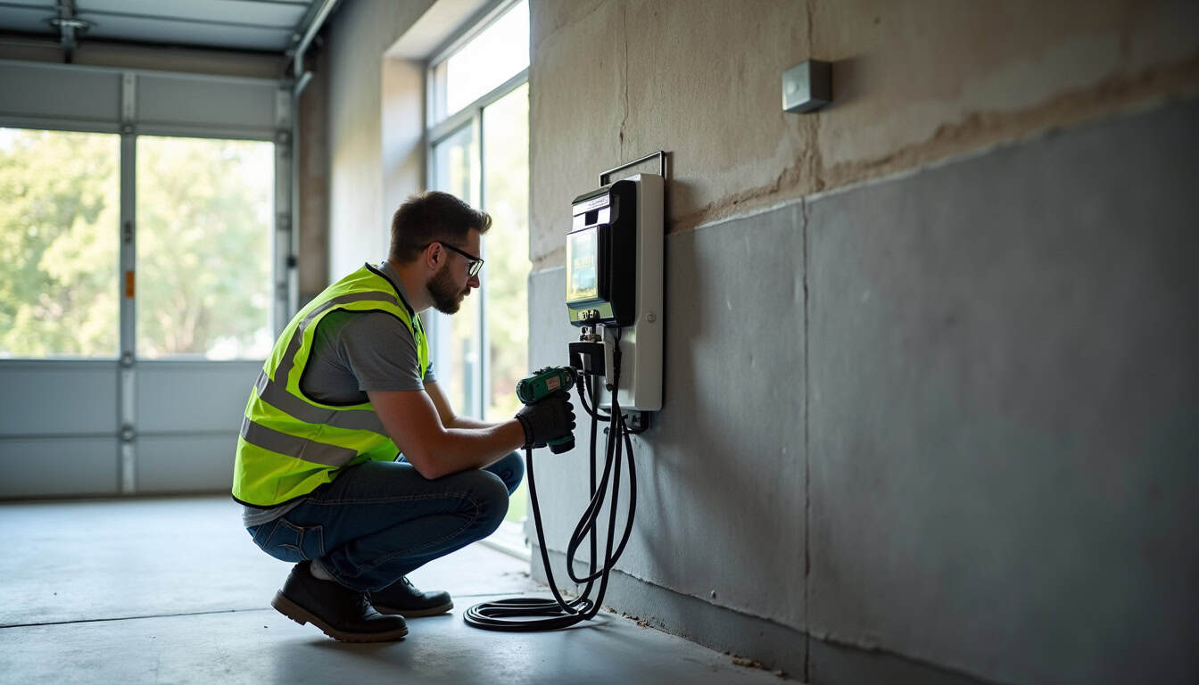 Un installateur IRVE en train de poser une borne de recharge électrique dans un garage à Montenay