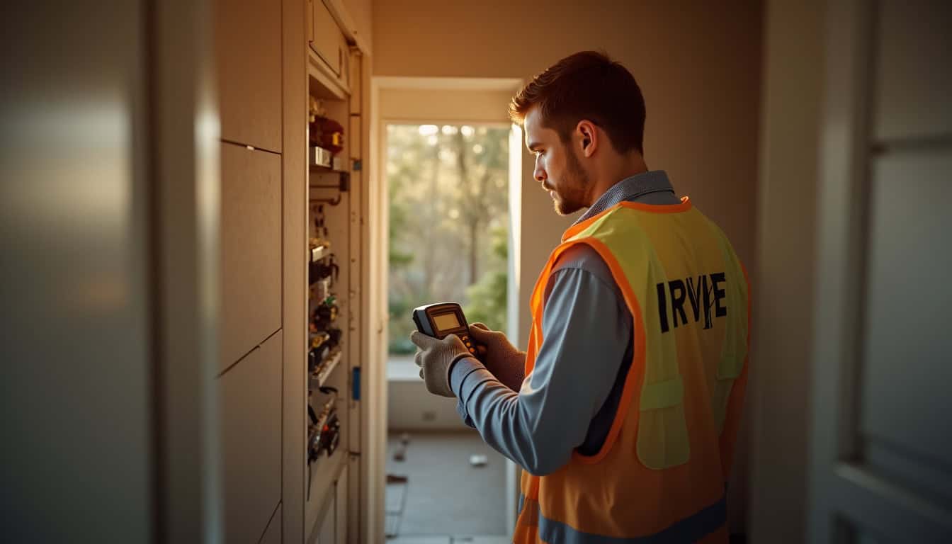 Un installateur IRVE en train de vérifier un tableau électrique dans une maison à Saint-Jean-en-Royans