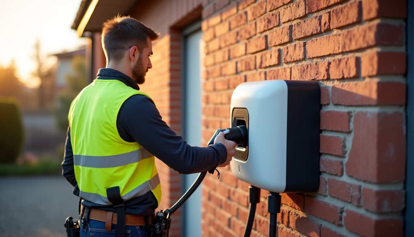 Un installateur IRVE qualifié en train de fixer une borne de recharge murale à Neuvy-sur-Barangeon