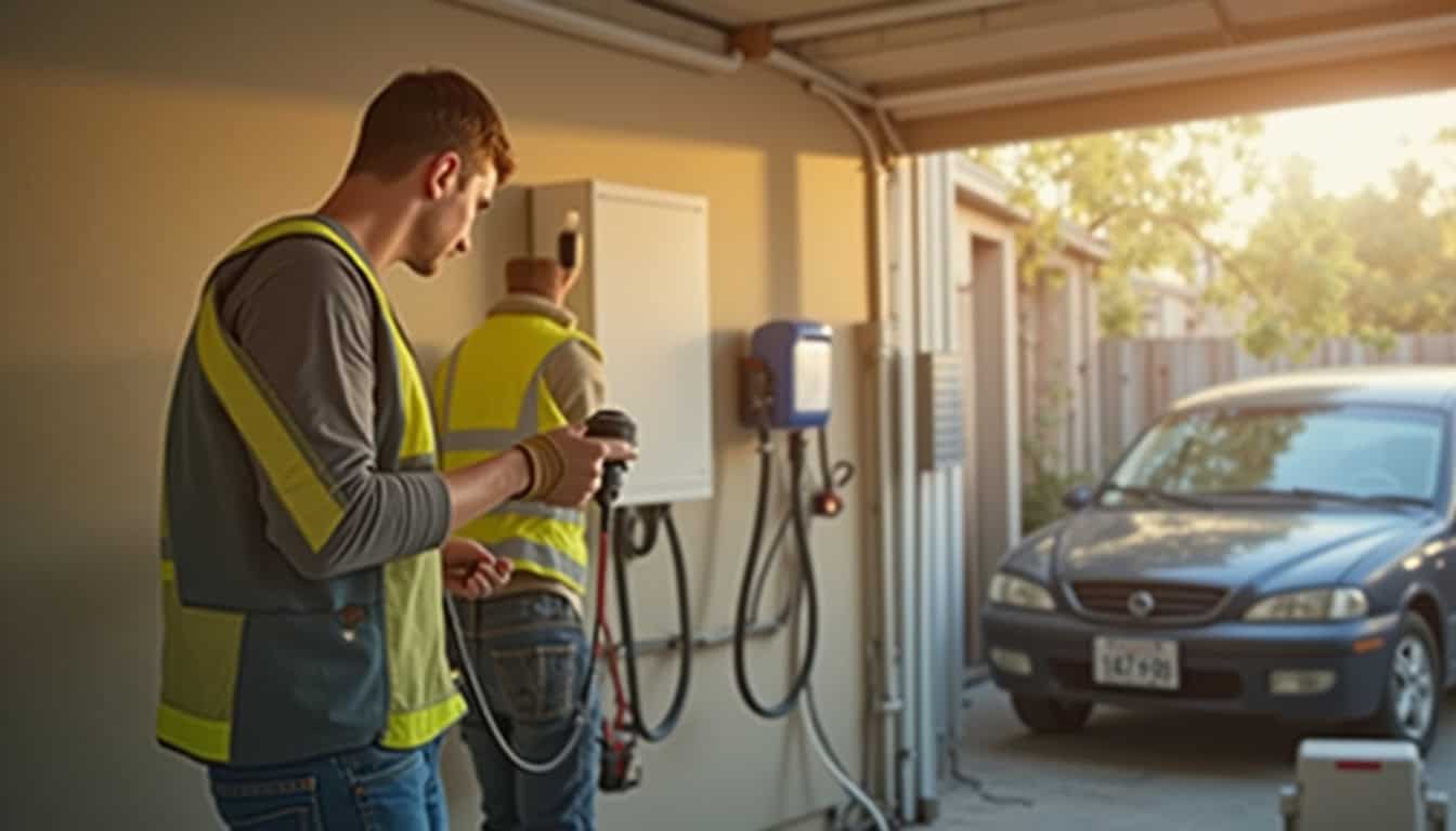 Un installateur professionnel en train de poser une borne de recharge électrique dans un garage privé