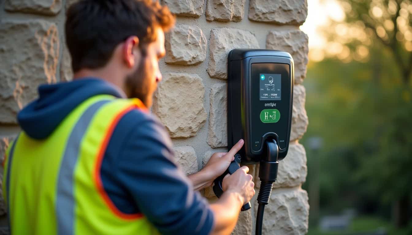 Un installateur qualifié IRVE en train de fixer une borne de recharge murale à Paimpont