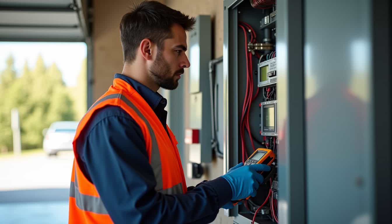 Un technicien certifié IRVE effectue un diagnostic sur une installation électrique avant pose de borne