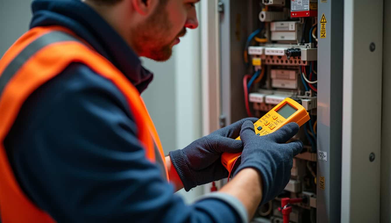 Un technicien certifié IRVE en train de réaliser un diagnostic électrique sur un tableau domestique à Châtillon-Coligny