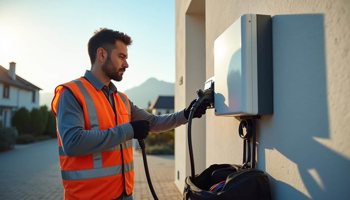 Un technicien certifié IRVE en train d’installer une borne de recharge électrique à Luynes