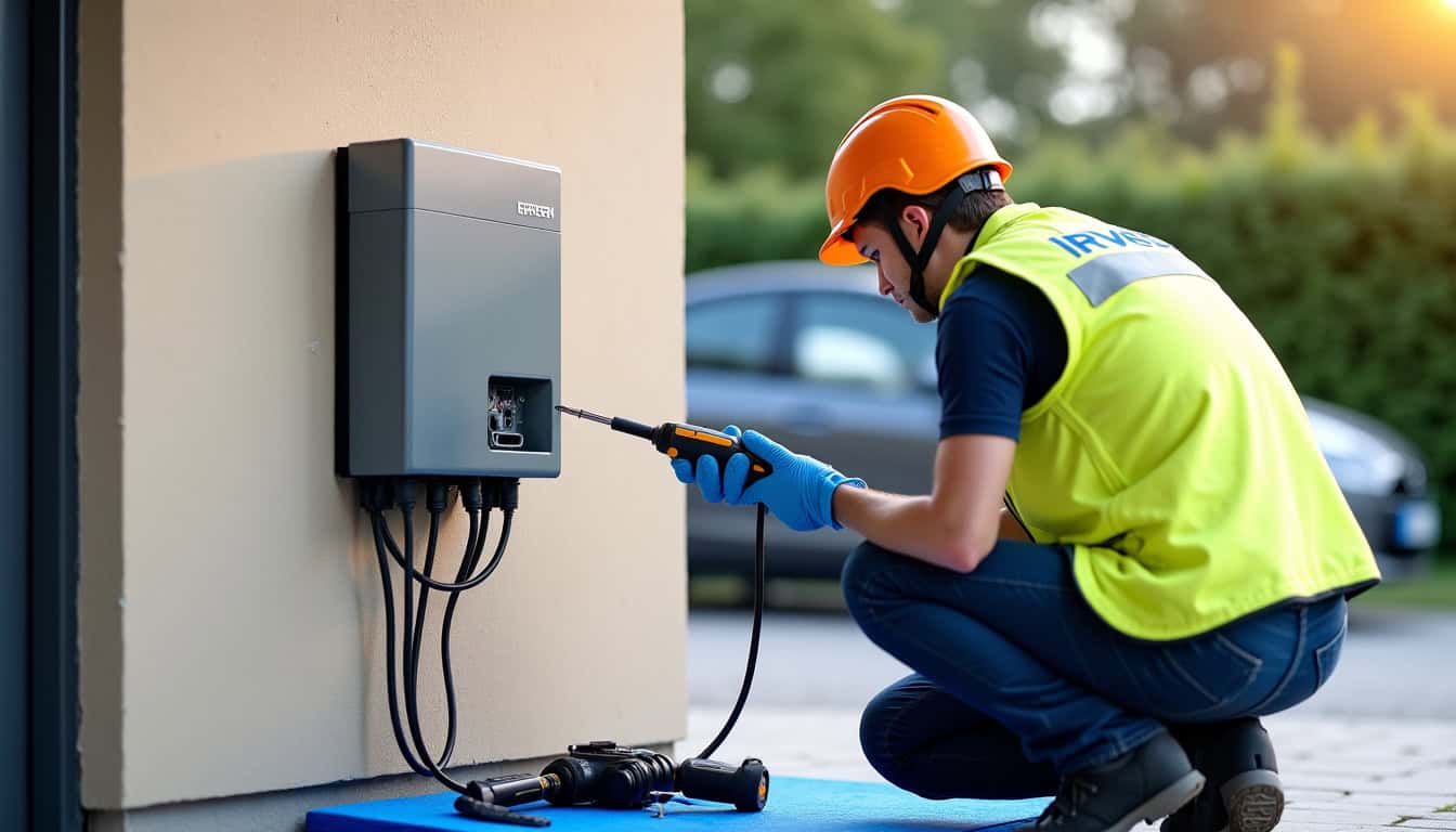 Un technicien certifié IRVE en train d’installer une borne de recharge électrique chez un particulier