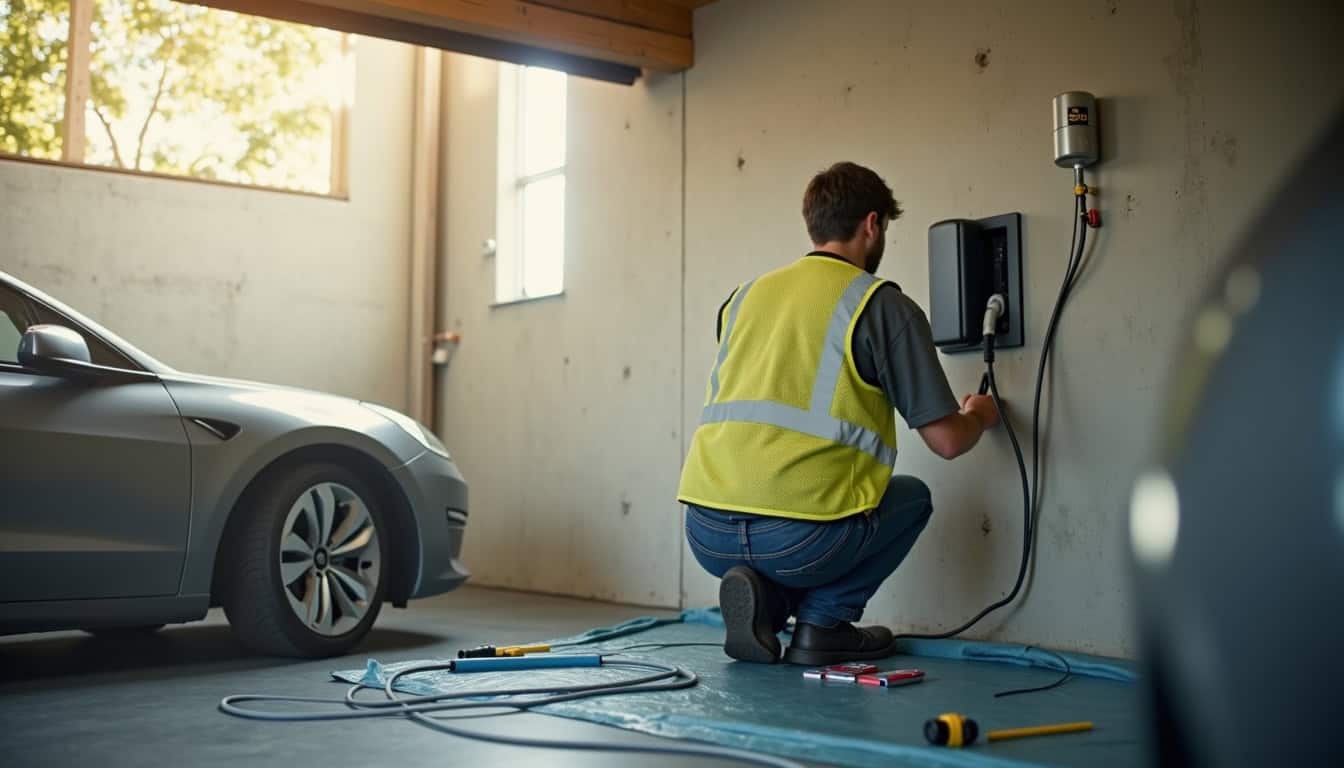 Un technicien certifié IRVE installant une borne de recharge dans un garage à Moislains