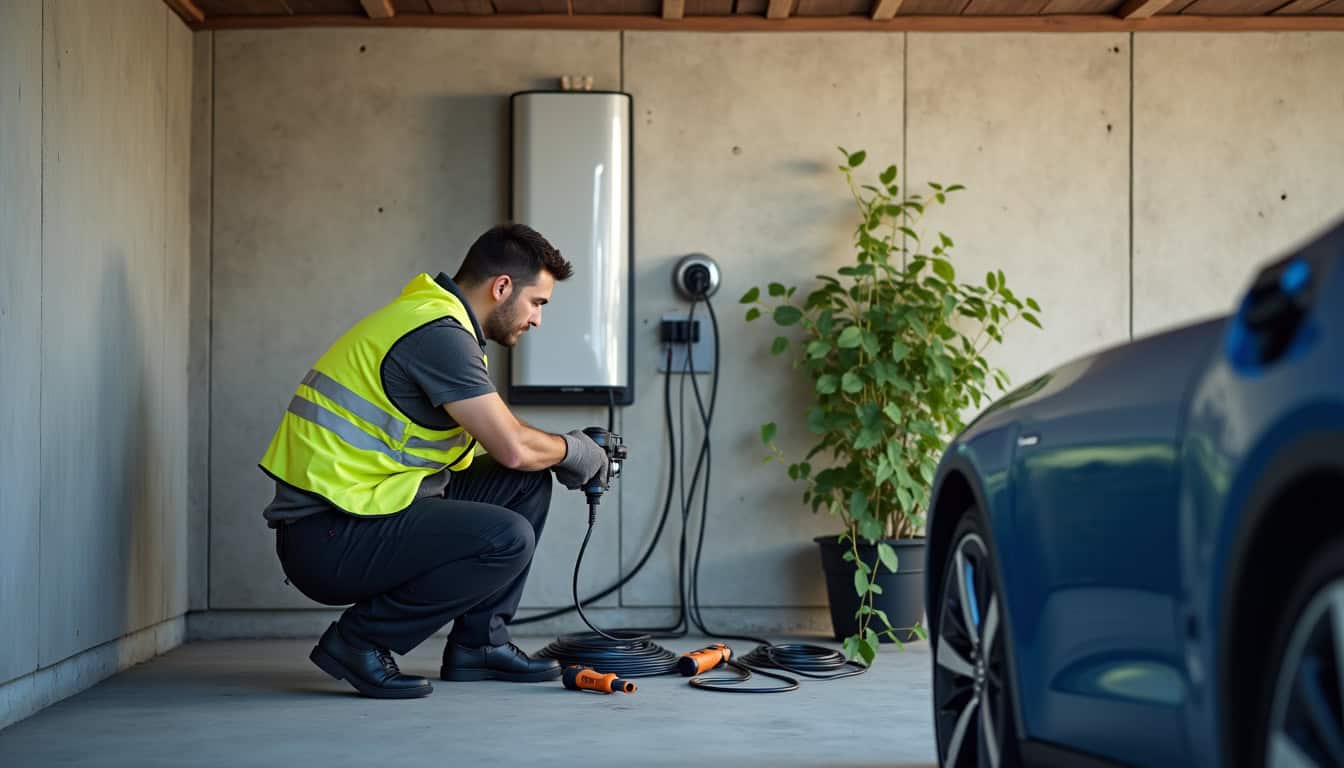 Un technicien certifié IRVE installant une borne de recharge dans un garage à Sassenay