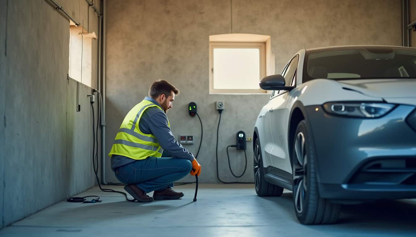 Un technicien certifié IRVE installe une borne de recharge dans un garage à Gémozac