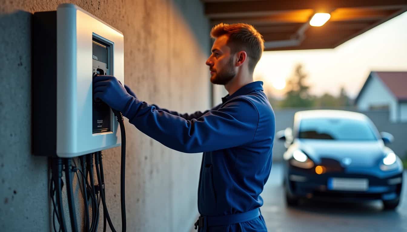 Un technicien en train d’installer une borne de recharge électrique dans un garage à Mensignac
