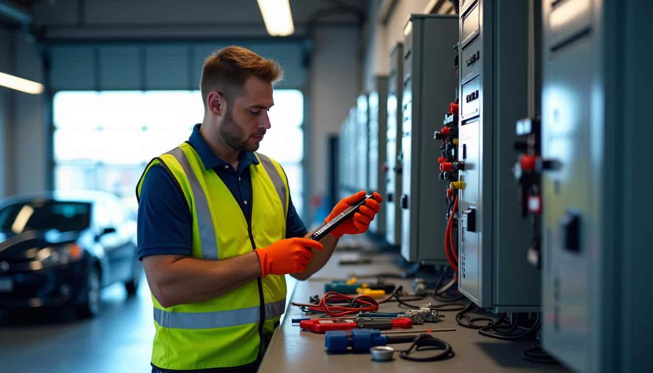 Un technicien IRVE effectue un diagnostic électrique dans un garage à Gainneville