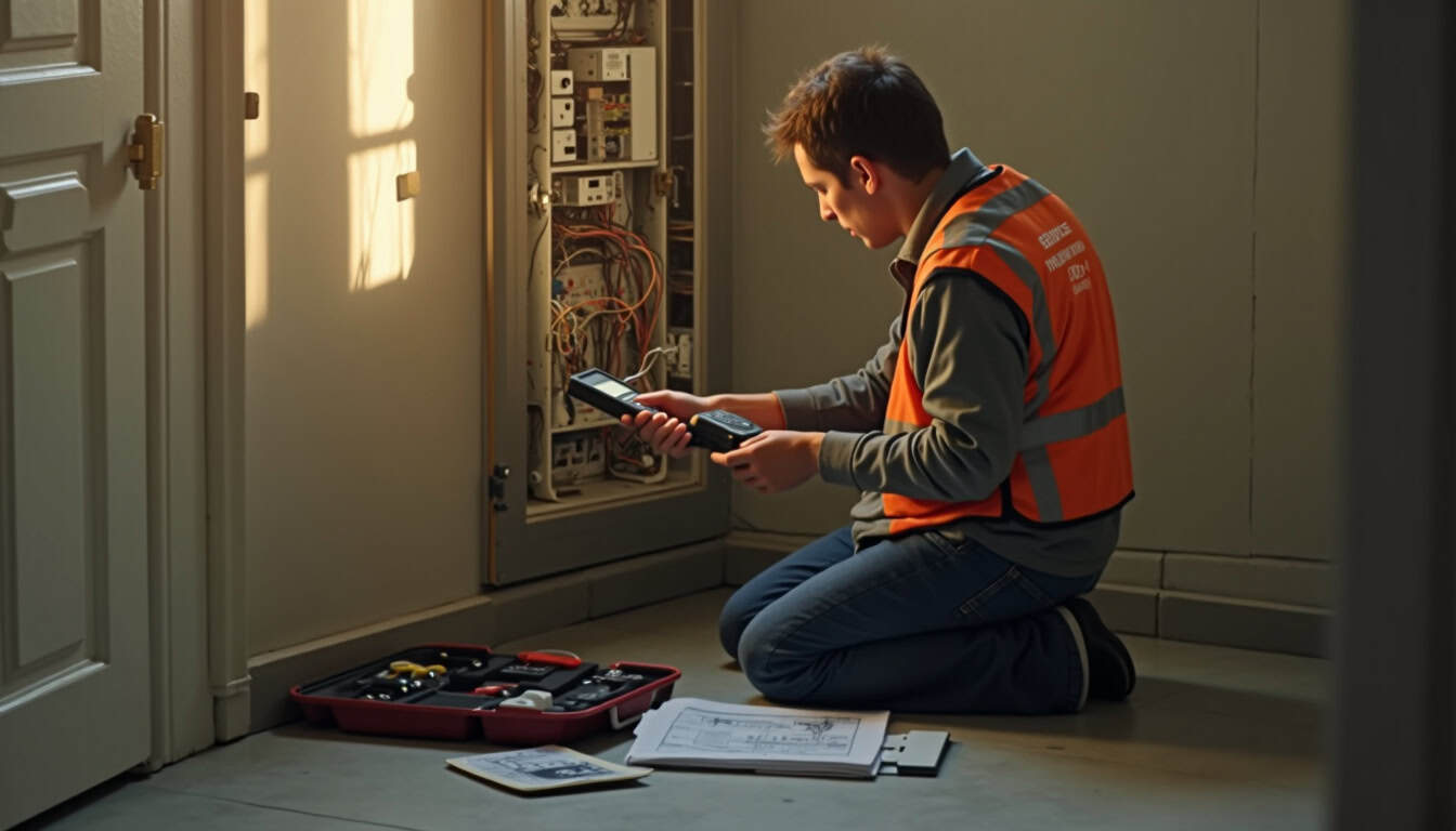 Un technicien IRVE effectue un diagnostic électrique dans un logement à Exideuil-sur-Vienne