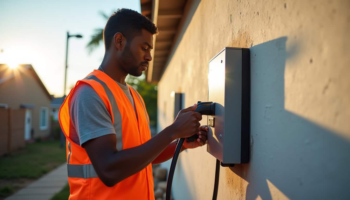 Un technicien IRVE installant une borne de recharge sur un mur extérieur à M