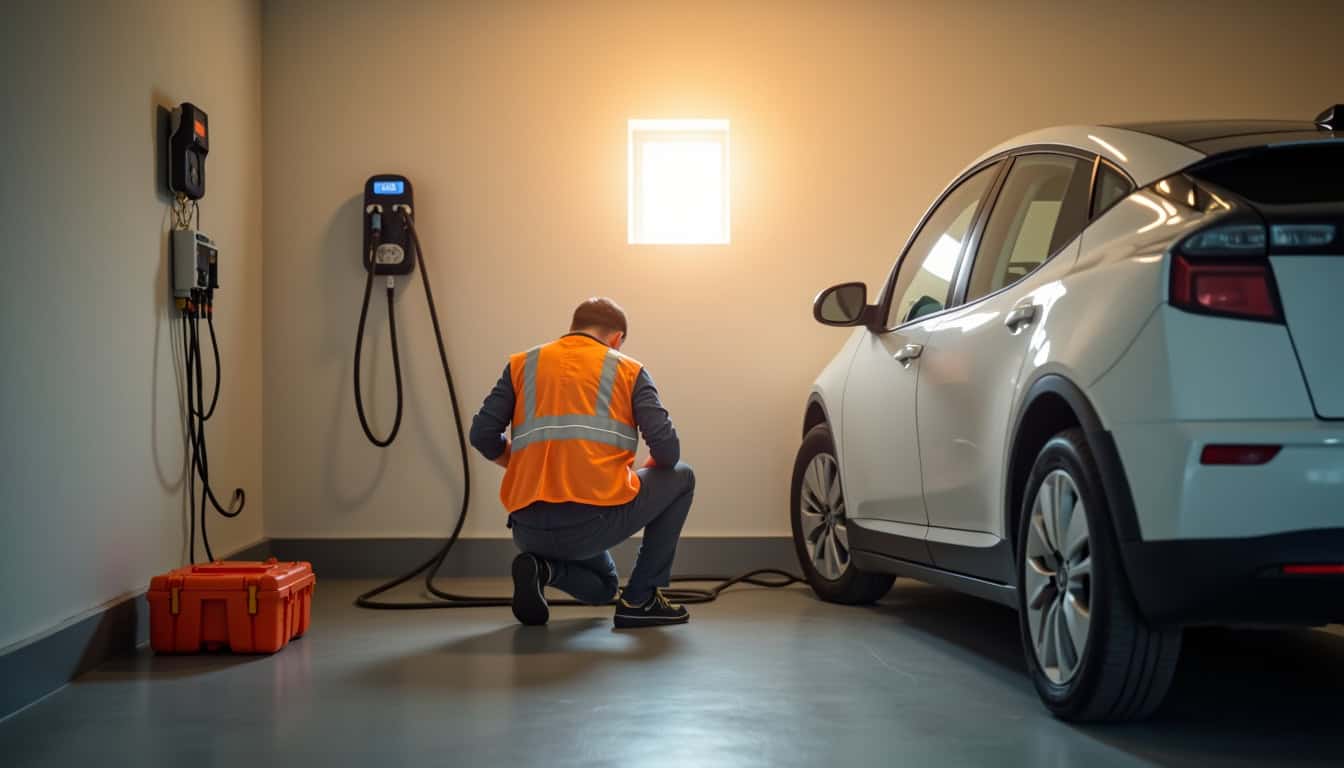 Un technicien IRVE installe une borne de recharge électrique à côté d’un véhicule électrique dans un garage à Lanquetot