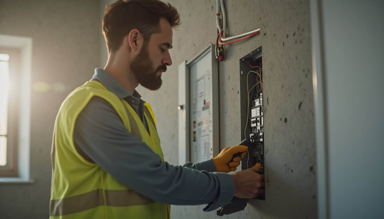 Un technicien professionnel vérifie le tableau électrique avant installation d