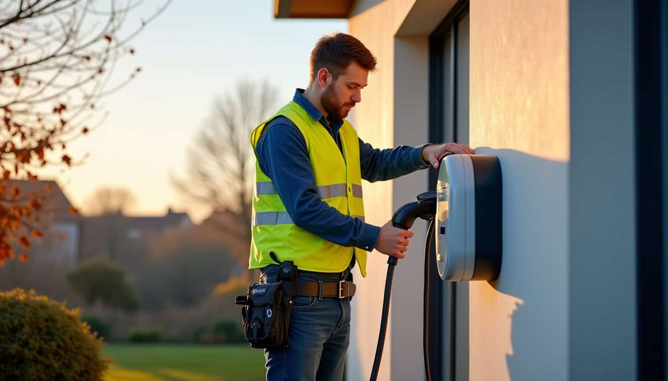 Un technicien qualifié IRVE en train de poser une borne de recharge sur un mur extérieur