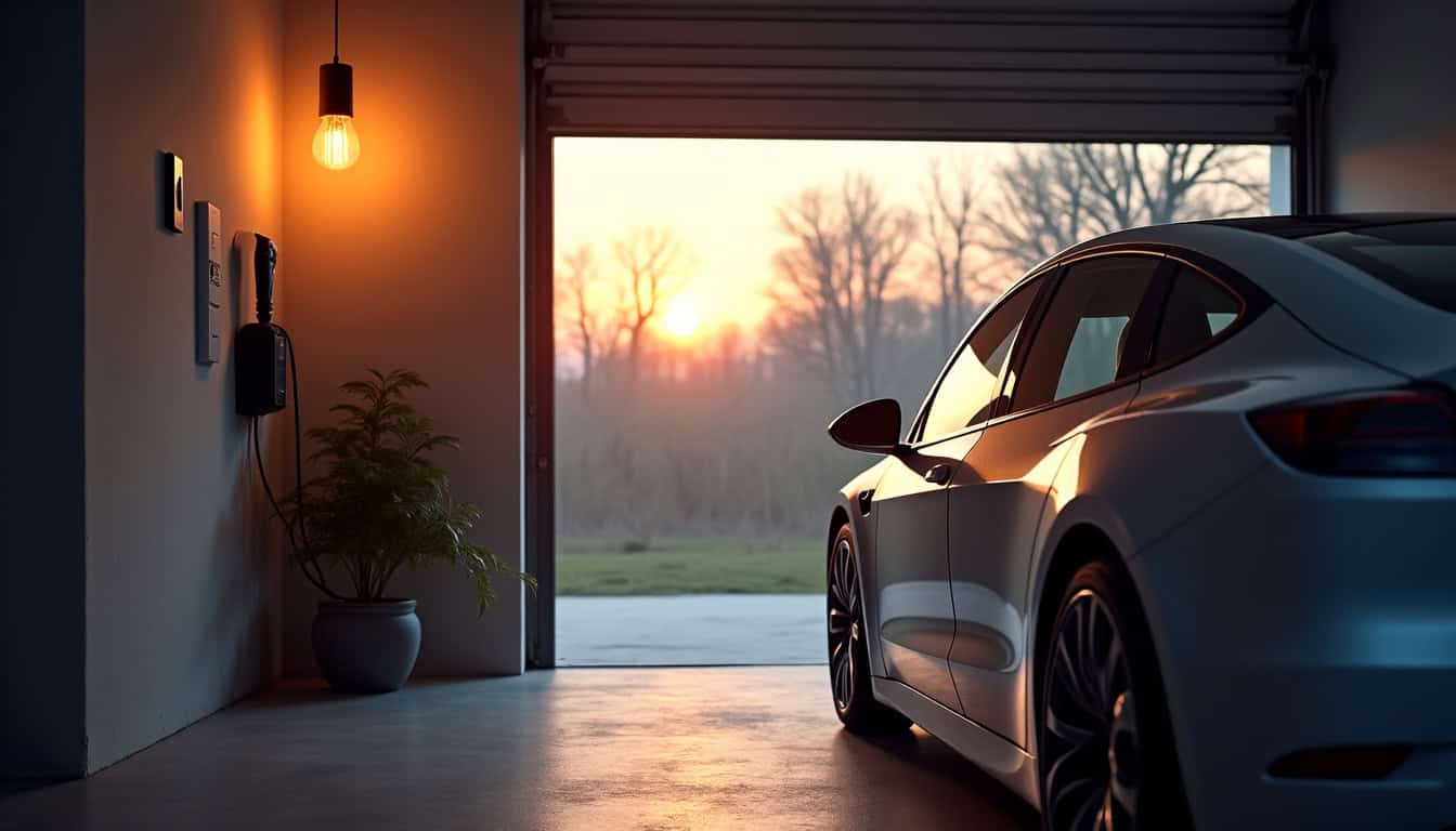 Une borne de recharge électrique installée dans un garage à Saint-Baudelle, connectée à une voiture électrique en cours de charge