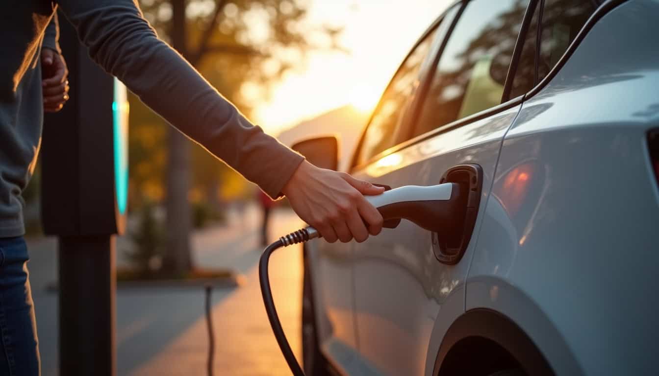 Utilisateur en train de brancher son véhicule électrique à une borne publique à Vaugneray
