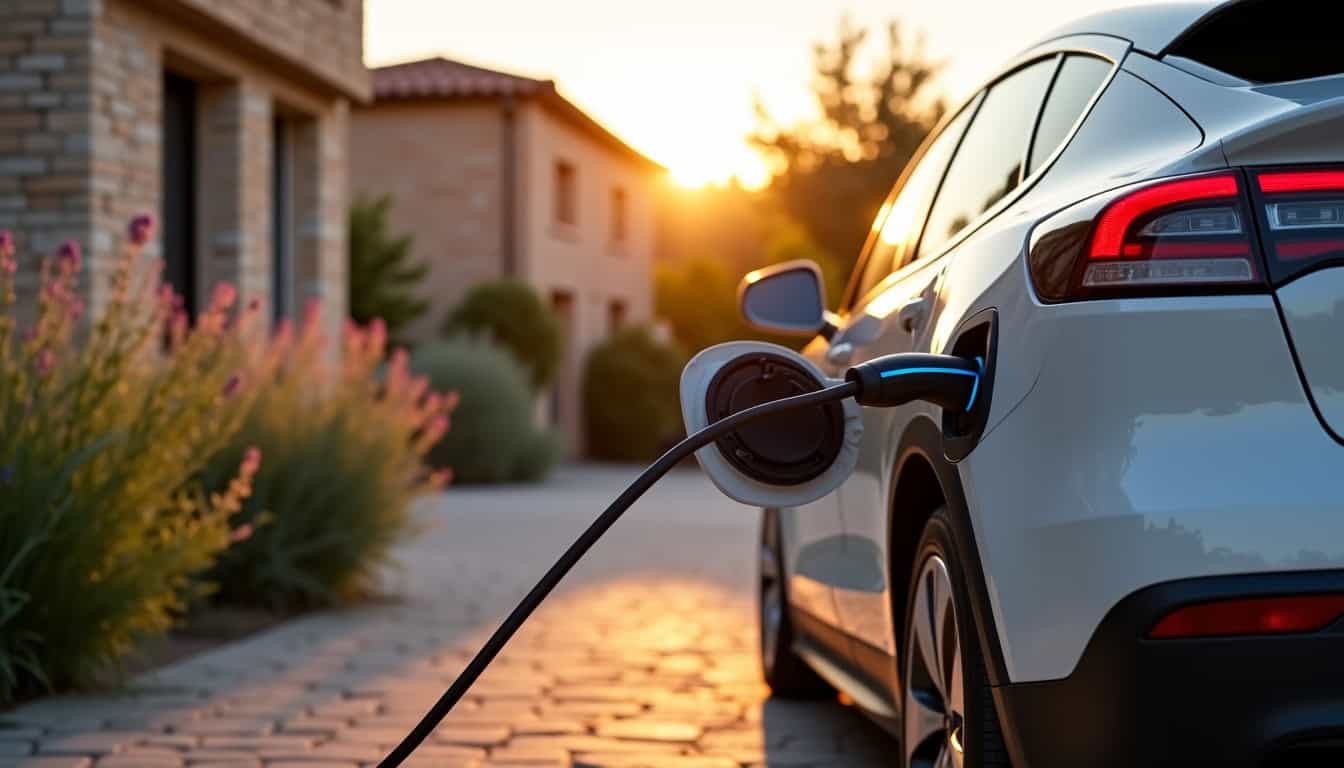 Véhicule électrique en charge sur une borne domestique à Peyriac-de-Mer
