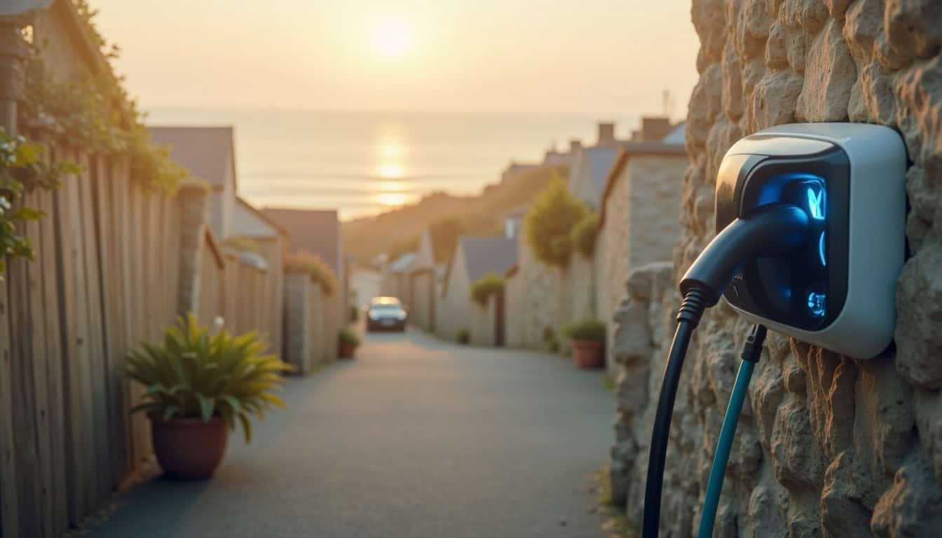 Véhicule électrique en charge sur une borne murale à Camaret-sur-Mer