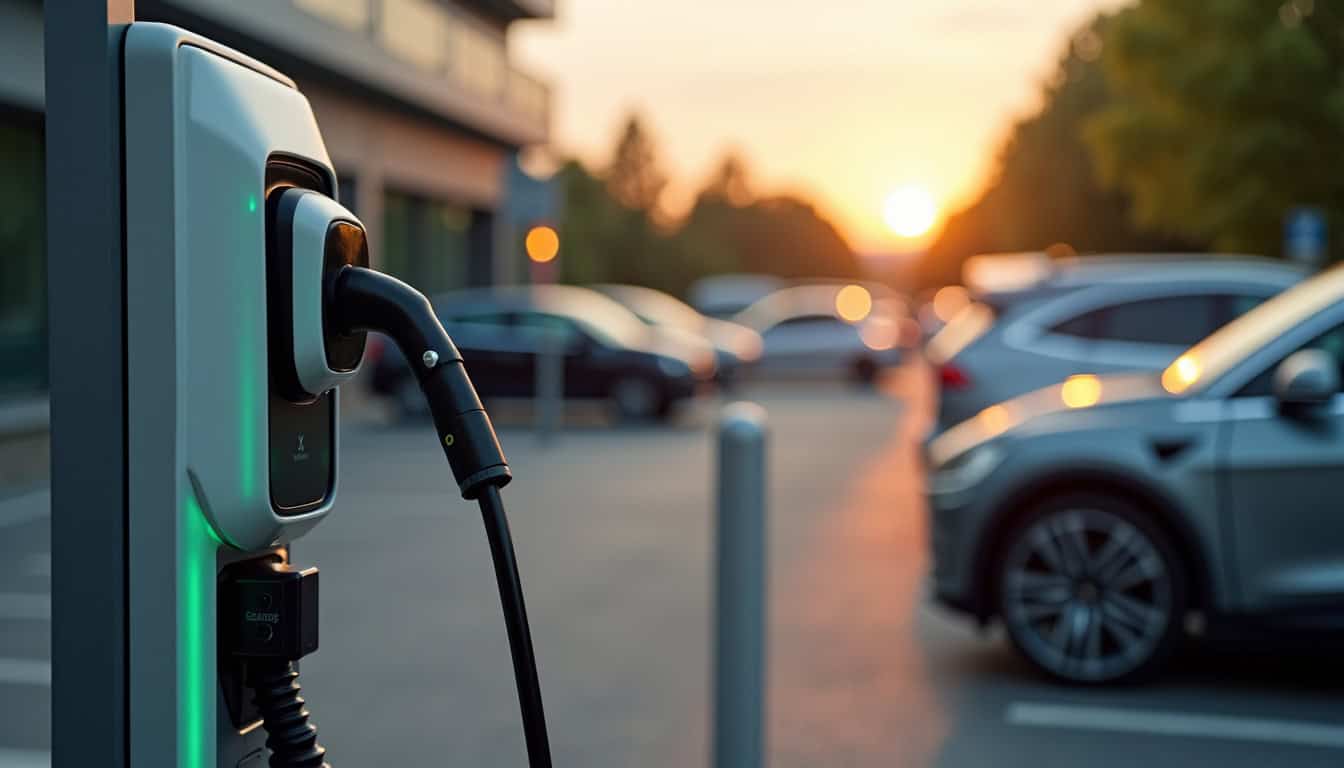 Véhicule électrique en charge sur une borne publique à Le Teich, parking de la mairie