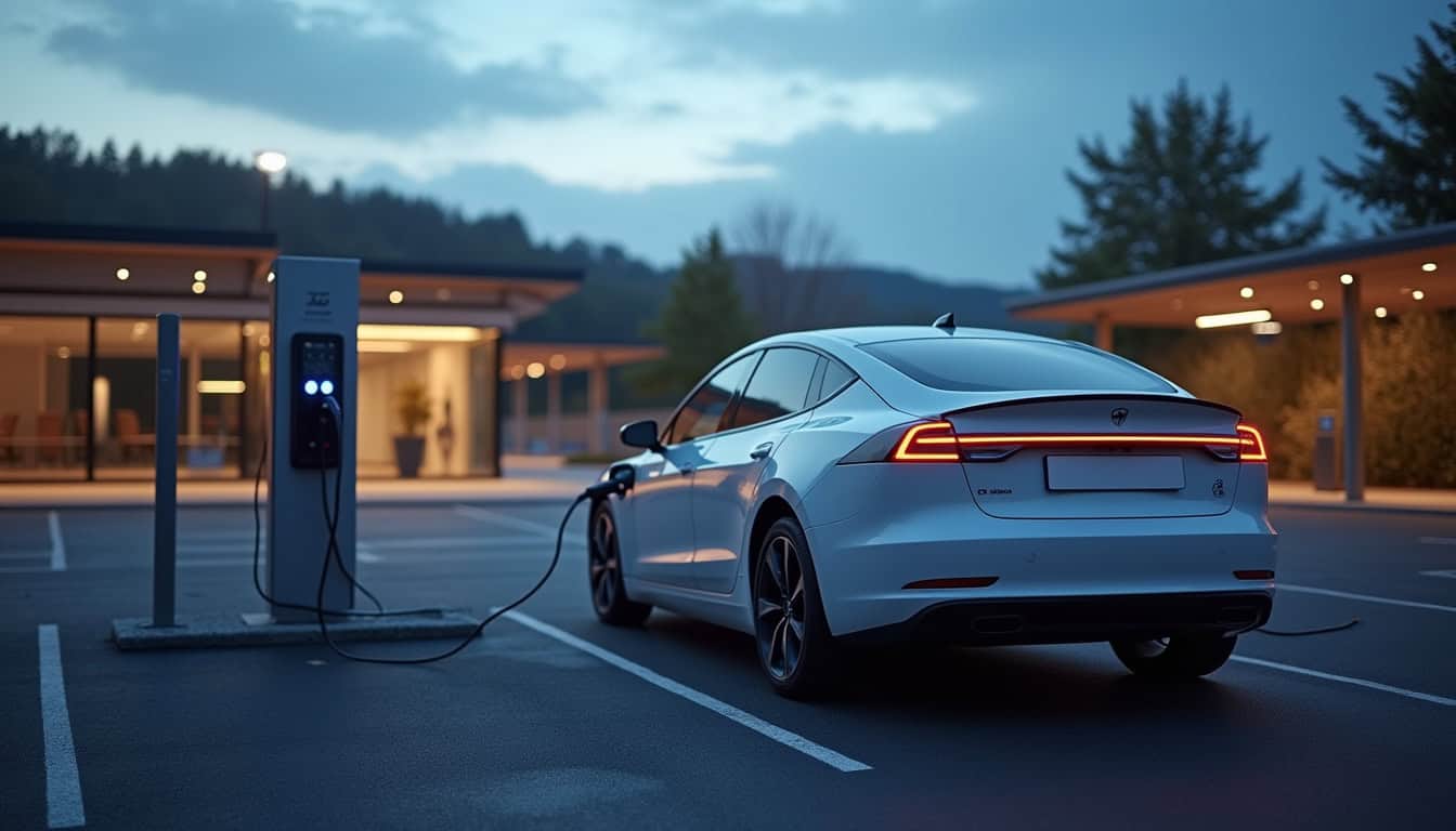 Véhicule électrique en charge sur une borne publique au parking du complexe sportif de Châtenois-les-Forges