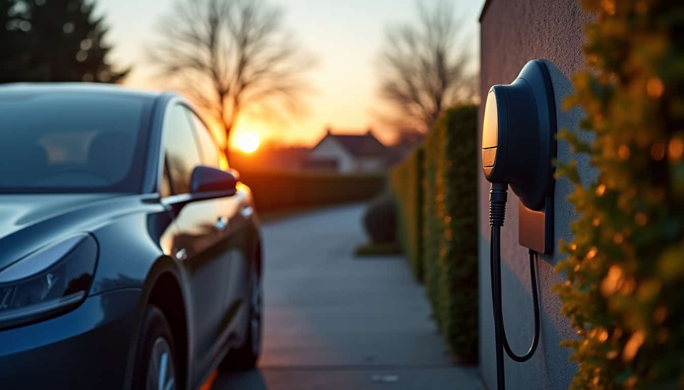 Voiture électrique en charge sur une borne murale à La Tour-de-Salvagny