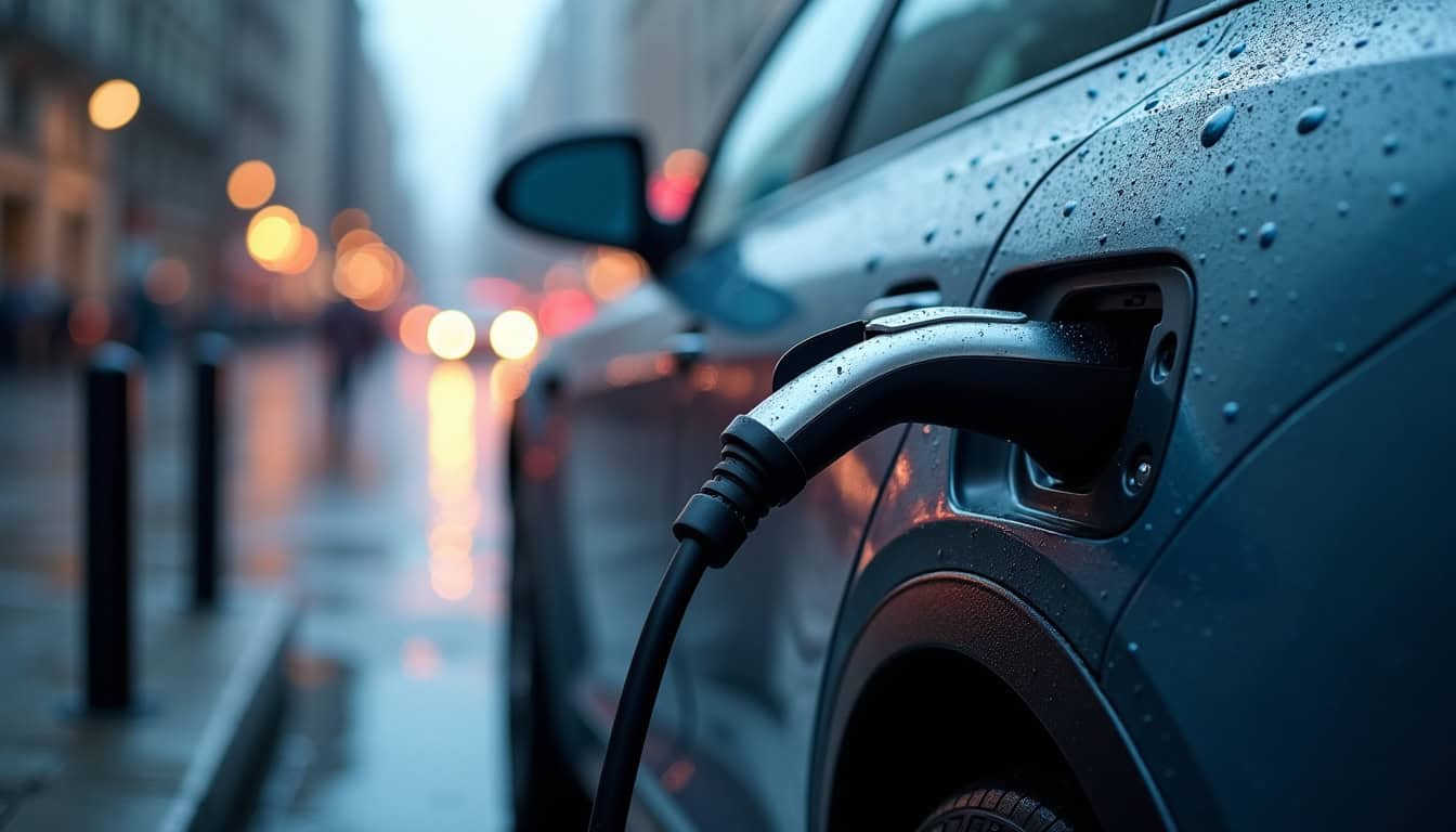 Voiture électrique en charge sur une borne publique en extérieur