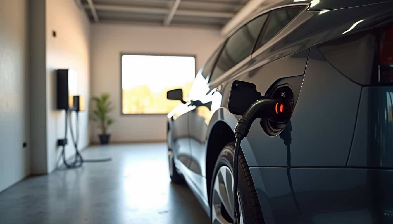 Voiture électrique en recharge sur une borne murale dans un garage à Saint-Florent