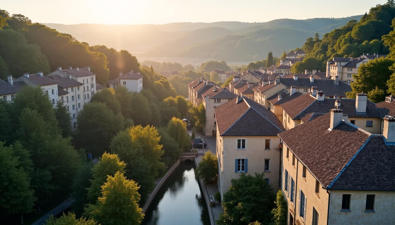 Vue aérienne du centre-ville de Gourdon avec indication des points de recharge électrique