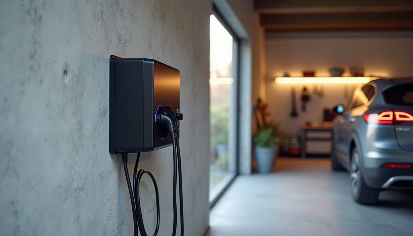 Vue d’ensemble d’une borne de recharge murale installée dans un garage privé à Pont-de-Veyle