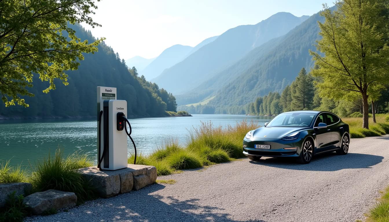 Vue d’une borne de recharge publique sur le site de Riouperoux à Livet-et-Gavet