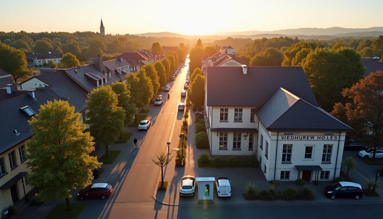 Vues aérienne du centre-ville de Le Teich avec des bornes publiques visibles près de la mairie