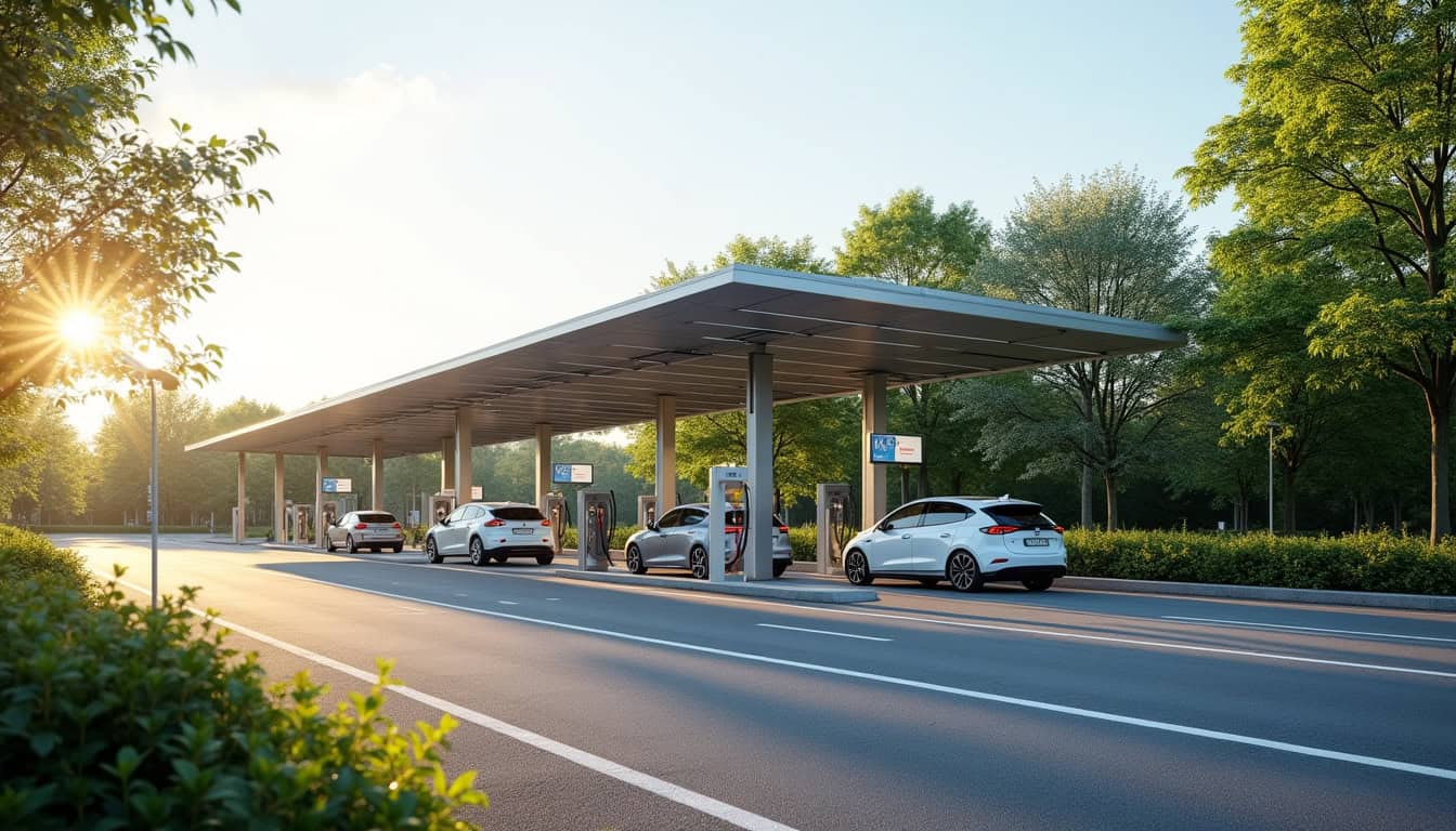 Aire de service de Rouillé-Pamproux sur l'autoroute A10, avec plusieurs bornes de recharge visibles