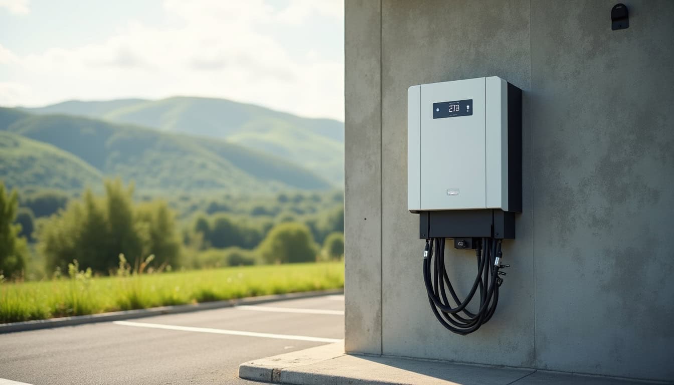 Borne de recharge 22 kW en triphasé installée dans un parking en zone rurale