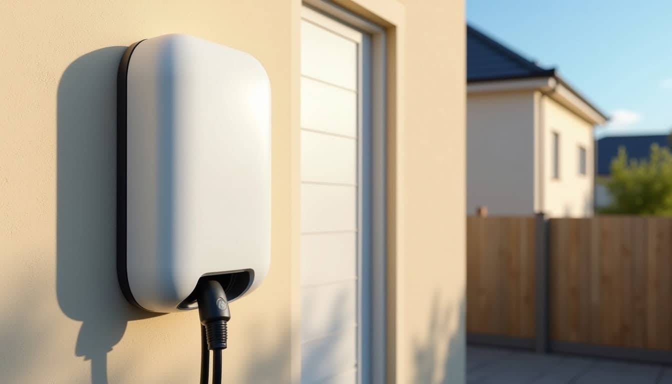 Borne de recharge 7,4 kW installée sur le mur extérieur d