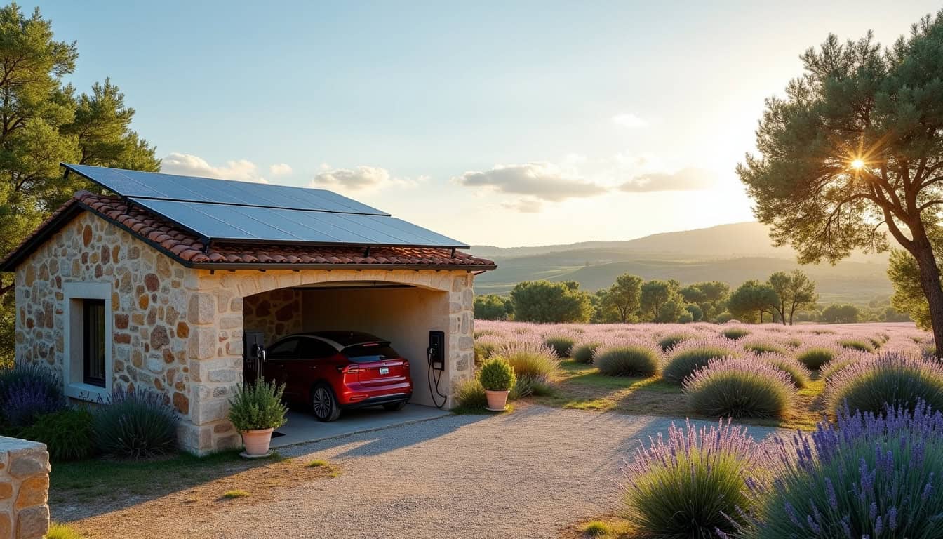 Borne de recharge alimentée par panneaux solaires sur un garage en Vaucluse
