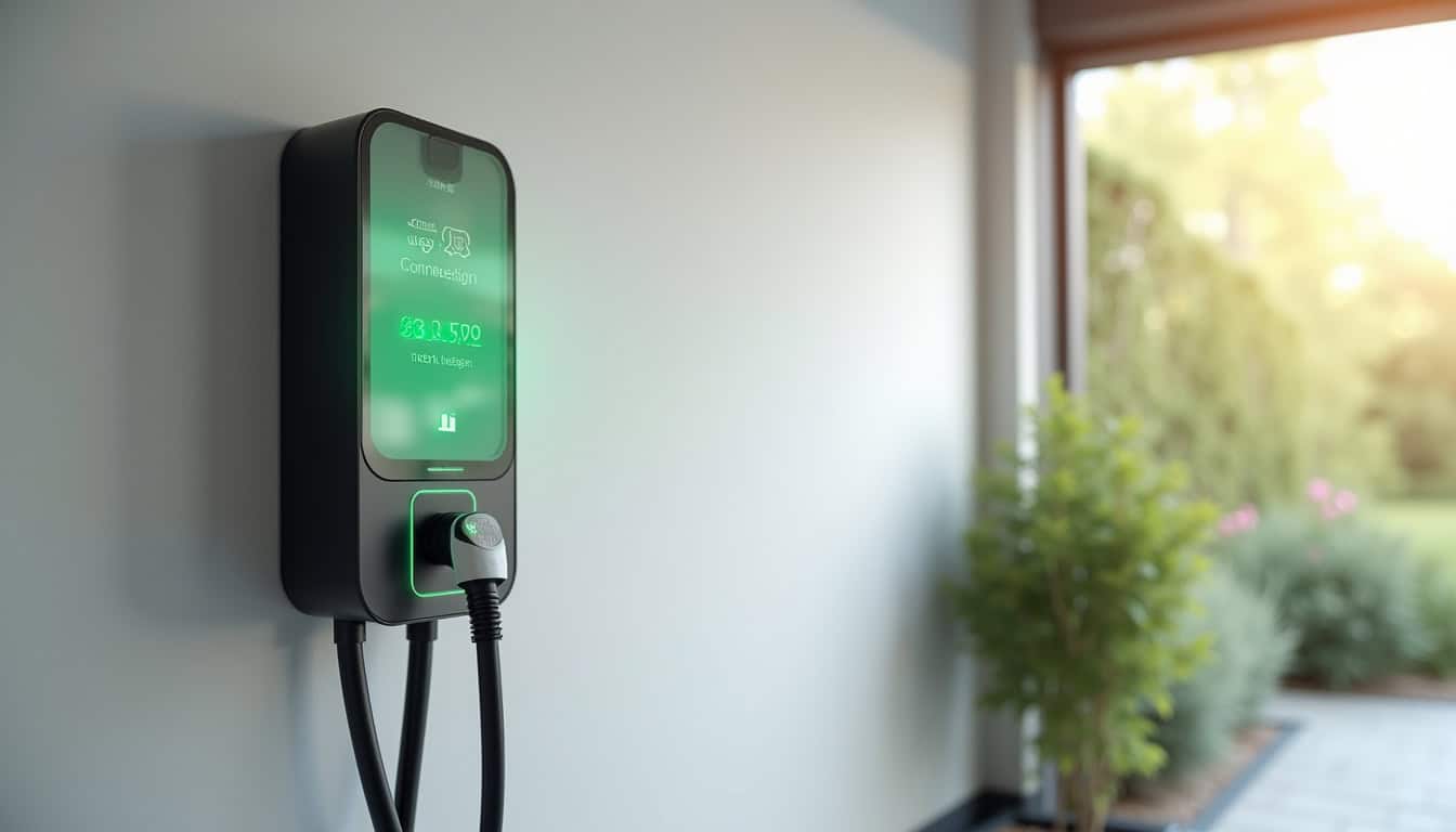 Borne de recharge connectée avec interface mobile affichée sur un smartphone à Hallencourt