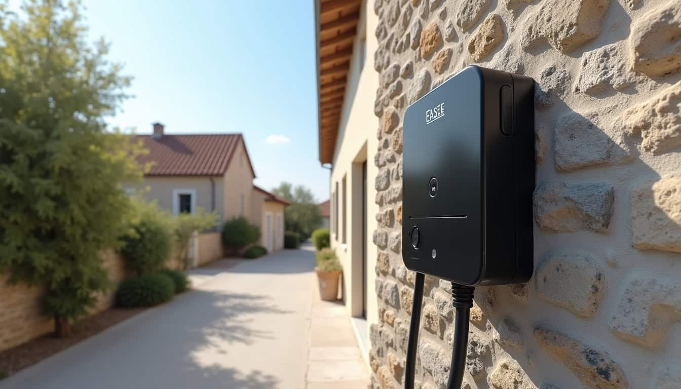 Borne de recharge connectée EASEE installée sur un mur extérieur à Blan