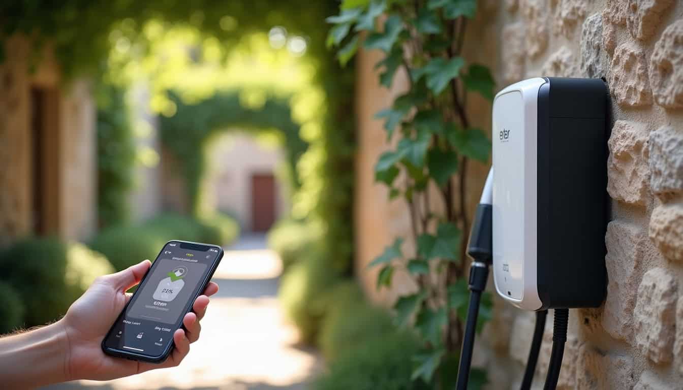 Borne de recharge connectée en fonctionnement à Peipin, montrant l'interface d'application sur un smartphone