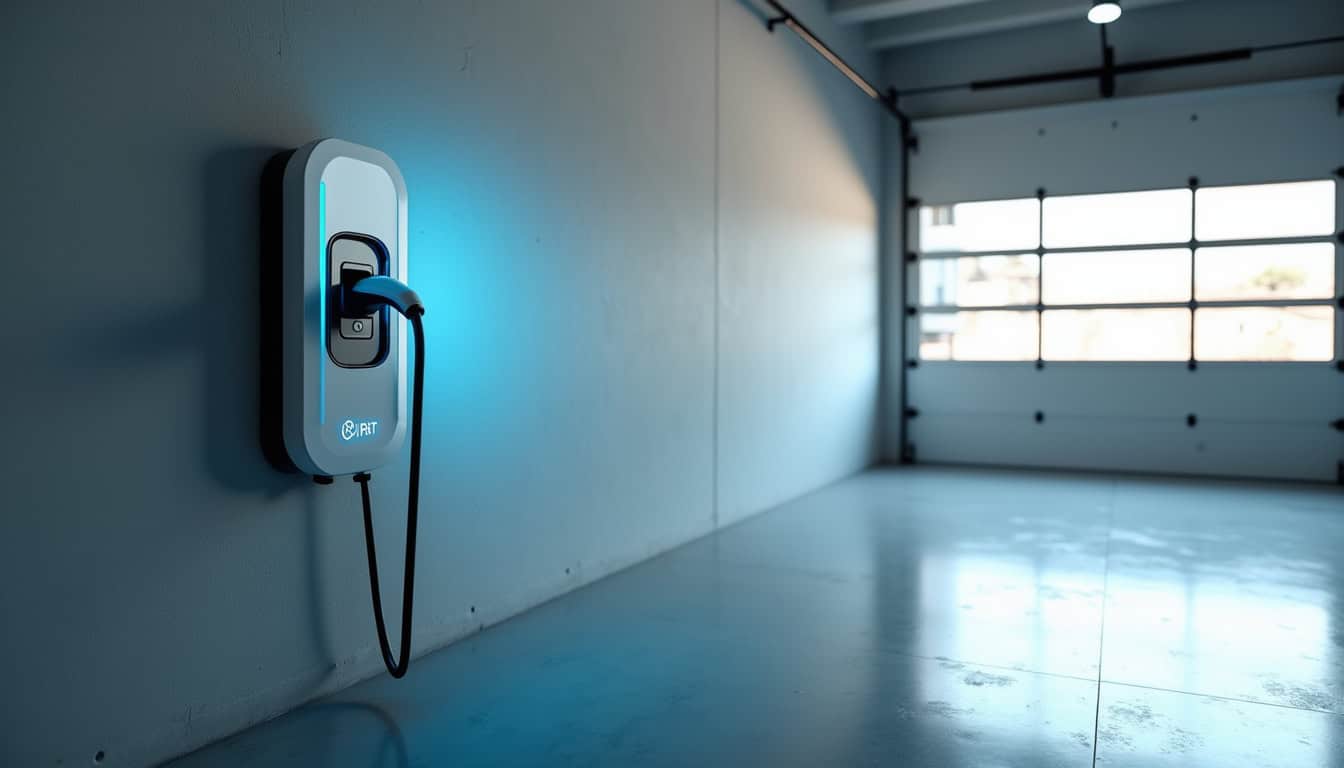 Borne de recharge connectée en fonctionnement dans un garage à Glières-Val-de-Borne