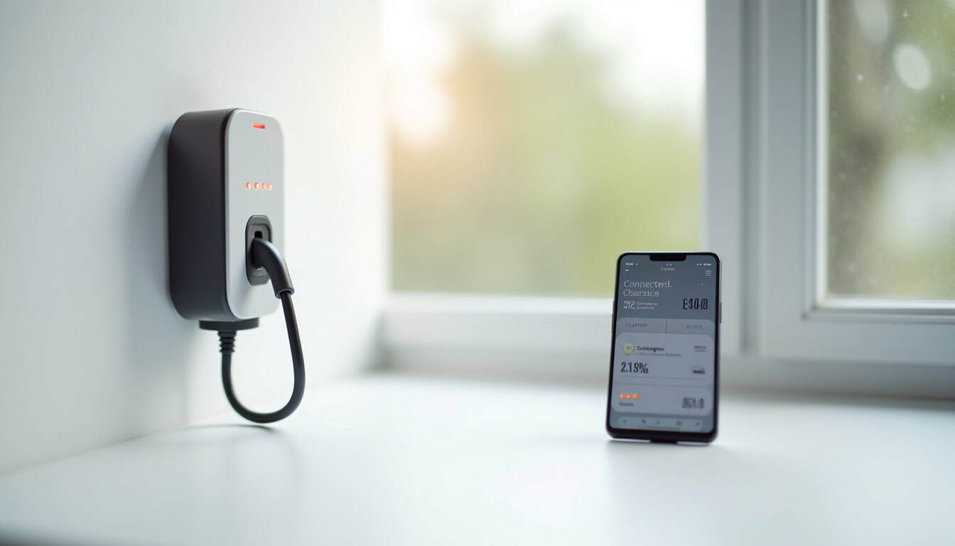 Borne de recharge connectée installée dans un garage, affichant des données de consommation sur une application mobile