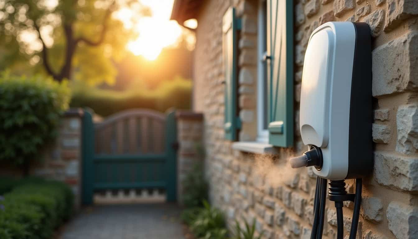 Borne de recharge domestique installée sur un mur extérieur d'une maison à La Meilleraie-Tillay