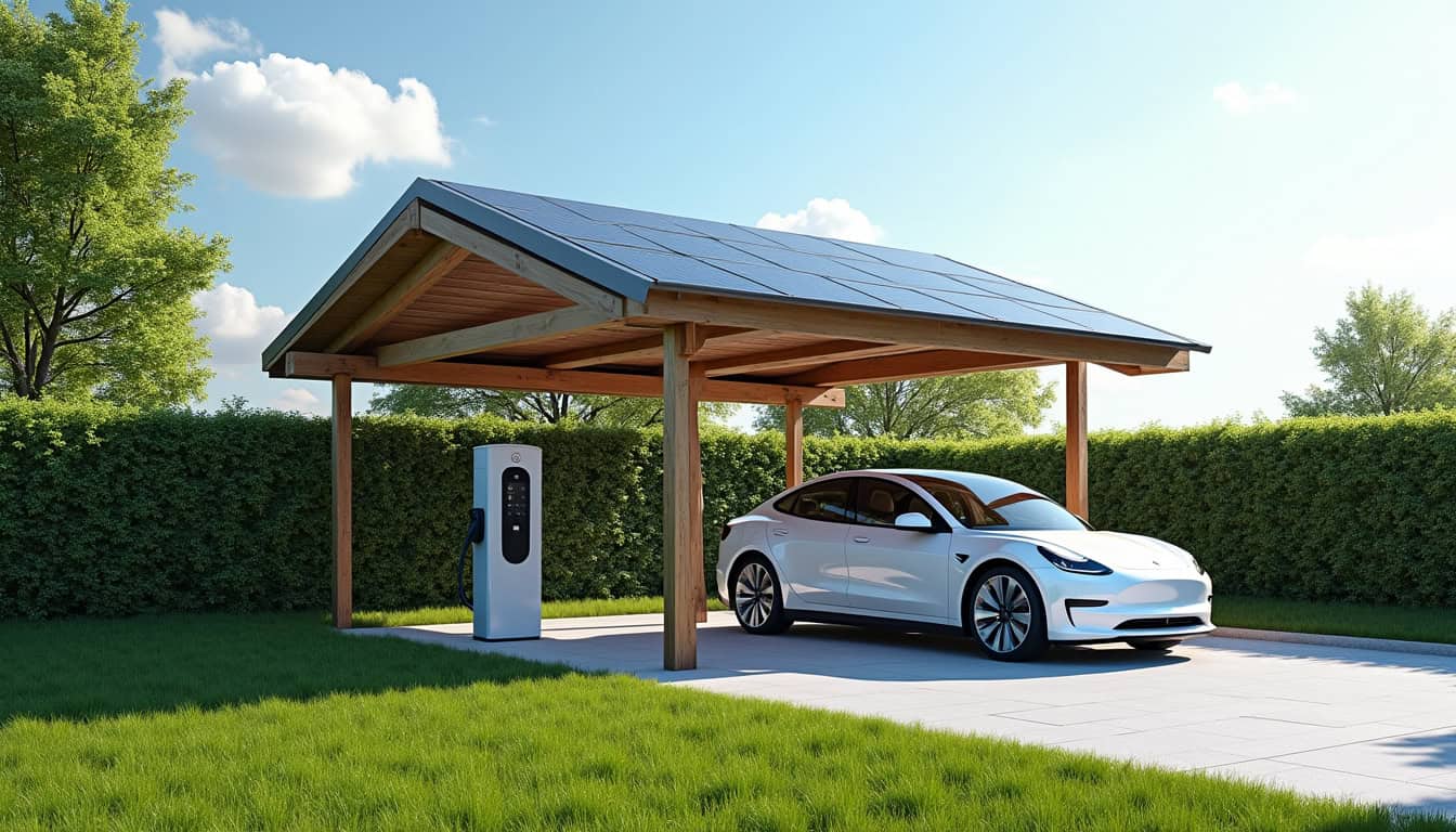 Borne de recharge électrique alimentée par des panneaux photovoltaïques sur un carport