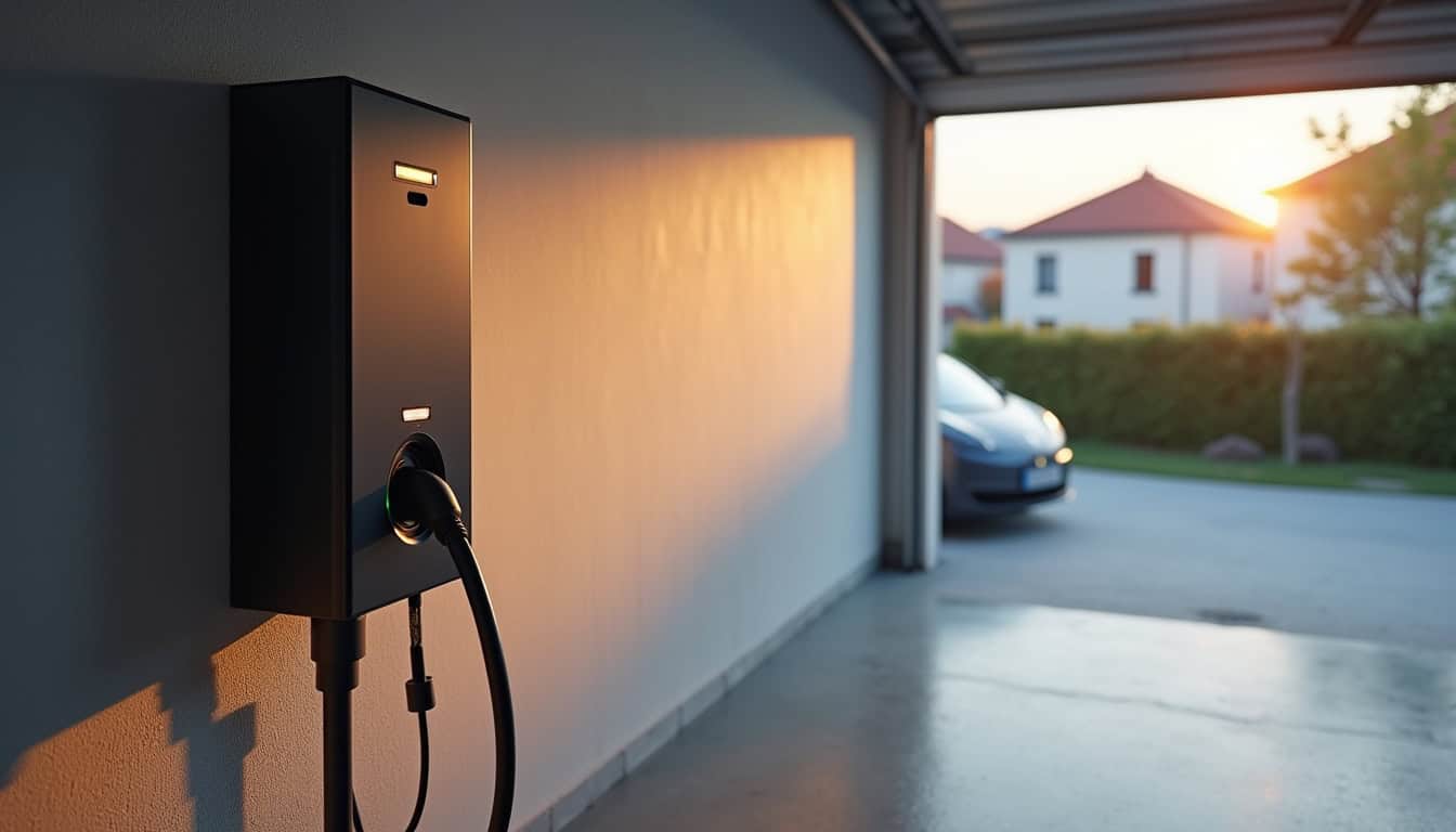 Borne de recharge électrique connectée en fonctionnement dans un garage à Cousances-les-Forges