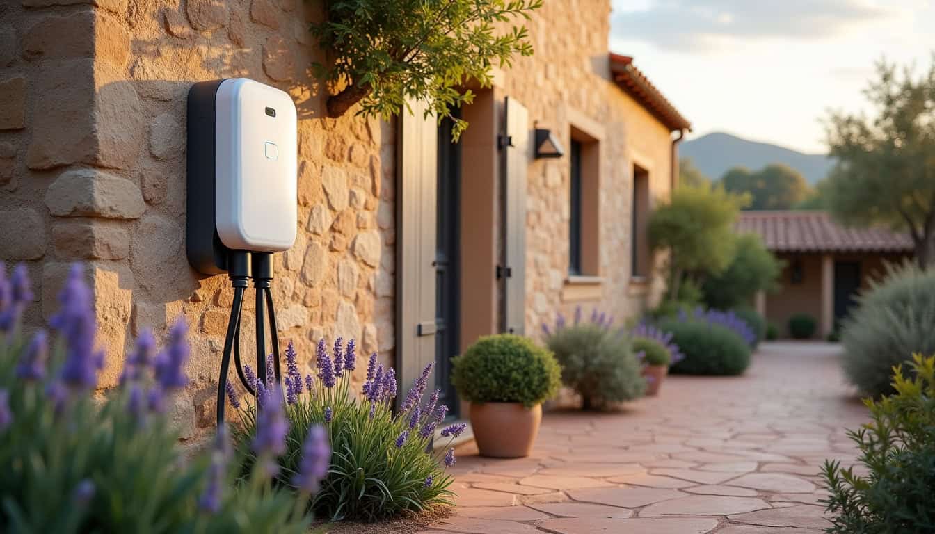 Borne de recharge électrique connectée en fonctionnement dans une cour privée du Gard
