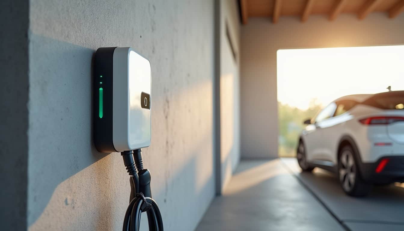Borne de recharge électrique connectée installée dans un garage à Labarthe-sur-Lèze