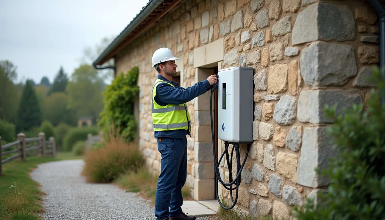 Borne de recharge électrique de type 2 en cours d'installation sur un mur extérieur
