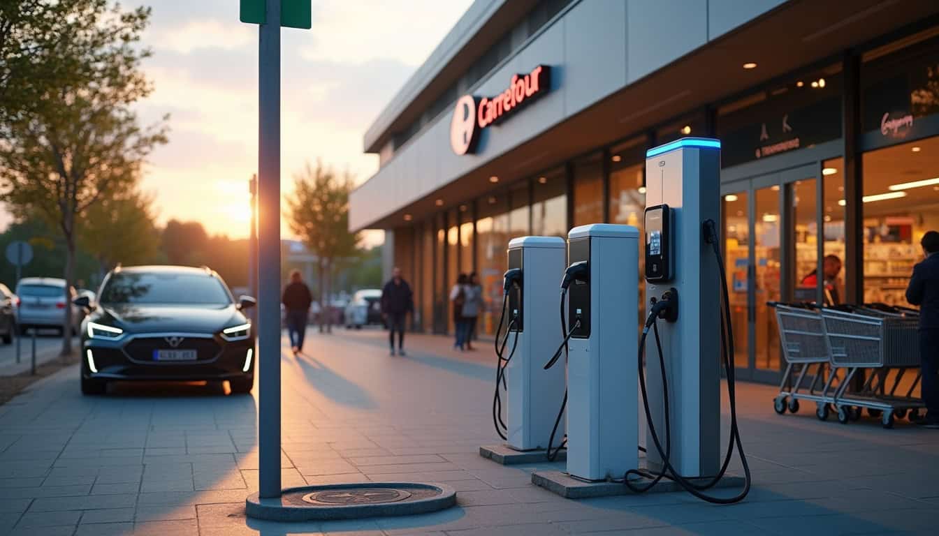 Borne de recharge électrique devant le Carrefour Market à Condrieu