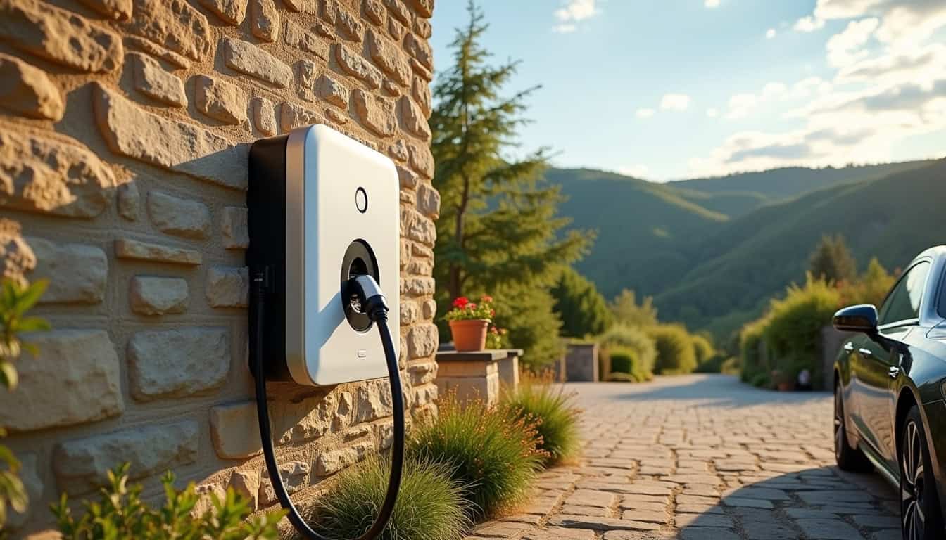 Borne de recharge électrique domestique installée à l'extérieur d'une maison en Ardèche