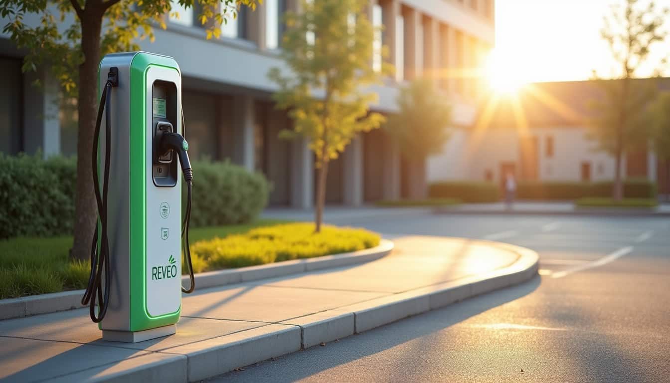 Borne de recharge électrique du réseau REVEO installée sur le parking derrière la mairie de Quint-Fonsegrives